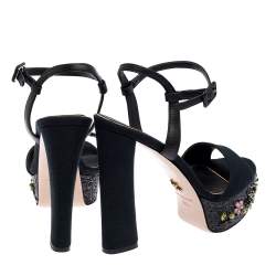 Pre Owned Le Silla Black Canvas Embellished Ankle Strap  Sandals Size 38.5