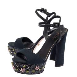 Pre Owned Le Silla Black Canvas Embellished Ankle Strap  Sandals Size 38.5