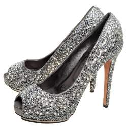 Pre Owned Le Silla Grey Satin Crystal Embellished Peep Toe Platform Pumps Size 37