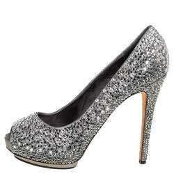 Pre Owned Le Silla Grey Satin Crystal Embellished Peep Toe Platform Pumps Size 37