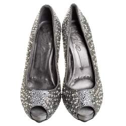 Pre Owned Le Silla Grey Satin Crystal Embellished Peep Toe Platform Pumps Size 37