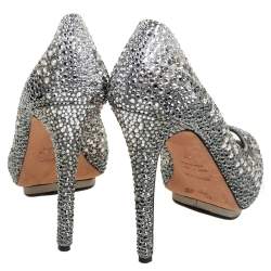Pre Owned Le Silla Grey Satin Crystal Embellished Peep Toe Platform Pumps Size 37