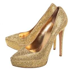 Le Silla Gold Suede Crystal Embellished Platform Pumps Size 38
