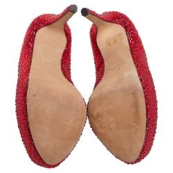Pre Owned Le Silla Metallic Red Suede Crystal Embellished Peep Toe Platform Pumps Size 38
