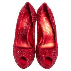 Pre Owned Le Silla Metallic Red Suede Crystal Embellished Peep Toe Platform Pumps Size 38