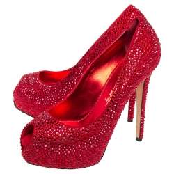 Pre Owned Le Silla Metallic Red Suede Crystal Embellished Peep Toe Platform Pumps Size 38