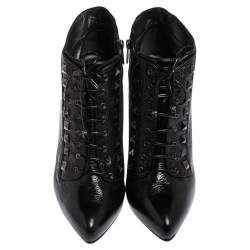 Pre Owned Le Silla Black Crinkled Patent Leather Lace Up Studded Ankle Booties Size 39