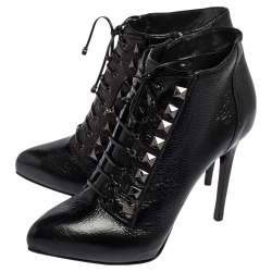 Pre Owned Le Silla Black Crinkled Patent Leather Lace Up Studded Ankle Booties Size 39