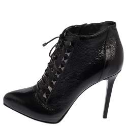 Pre Owned Le Silla Black Crinkled Patent Leather Lace Up Studded Ankle Booties Size 39