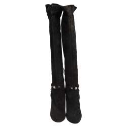 Pre Owned Le Silla Black Suede Studded Knee Length Boots Size 39