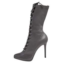 Le Silla Grey Leather Lace Up Mid Calf Boots Size 39