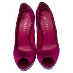 Pre Owned Le Silla Pink Satin Crystal Embellished Platform Peep Toe Pumps Size 38