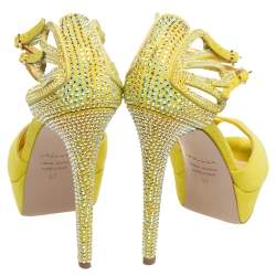 Le Silla Lime Yellow Embellished Suede Strappy Platform Ankle Strap Sandals Size 37