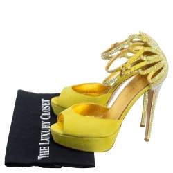 Le Silla Lime Yellow Embellished Suede Strappy Platform Ankle Strap Sandals Size 37