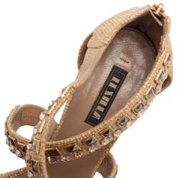 Pre Owned Le Silla Cream Woven Raffia Crystal Embellished Cross Strap Sandals Size 38