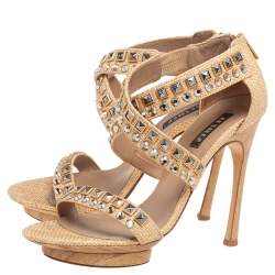 Pre Owned Le Silla Cream Woven Raffia Crystal Embellished Cross Strap Sandals Size 38