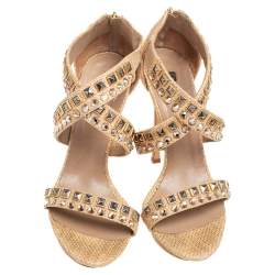 Pre Owned Le Silla Cream Woven Raffia Crystal Embellished Cross Strap Sandals Size 38