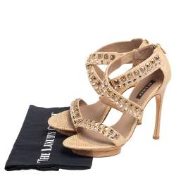 Pre Owned Le Silla Cream Woven Raffia Crystal Embellished Cross Strap Sandals Size 38