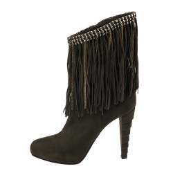 Le Silla Dark Green Suede Chain Embellished Mid Calf Length Boots Size 38