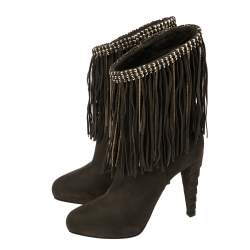 Le Silla Dark Green Suede Chain Embellished Mid Calf Length Boots Size 38