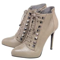 Le Silla Grey Leather Lace Up Studded Ankle Booties Size 38