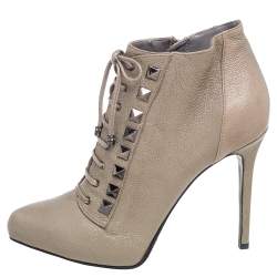 Le Silla Grey Leather Lace Up Studded Ankle Booties Size 38