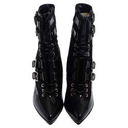 Enio Silla For Le Silla Black Patent Leather And Nylon Platform Ankle Boots Size 39.5