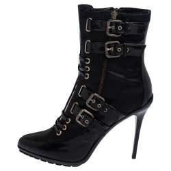 Enio Silla For Le Silla Black Patent Leather And Nylon Platform Ankle Boots Size 39.5