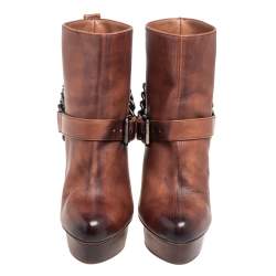 Pre Owned Le Silla Brown Leather Buckle Detail Ankle Boots Size 38