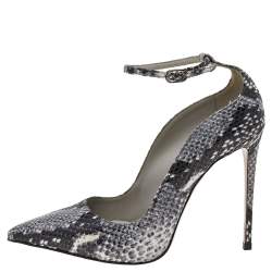 Pre Owned Le Silla Grey Snake Print Leather Ankle Strap Pointed Toe Pumps Size 36