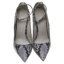 Pre Owned Le Silla Grey Snake Print Leather Ankle Strap Pointed Toe Pumps Size 36