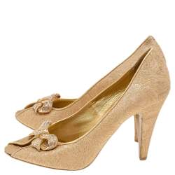 Pre Owned Le Silla Gold Brocade Fabric Embellished Bow Peep Toe Pumps Size 38