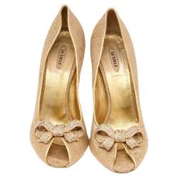 Pre Owned Le Silla Gold Brocade Fabric Embellished Bow Peep Toe Pumps Size 38