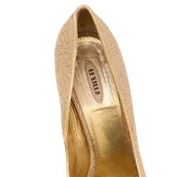 Pre Owned Le Silla Gold Brocade Fabric Embellished Bow Peep Toe Pumps Size 38