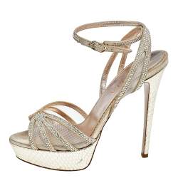 Pre Owned Le Silla Gold Suede And Mesh Crystal Embellished Platform Strappy Sandals Size 37