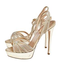 Pre Owned Le Silla Gold Suede And Mesh Crystal Embellished Platform Strappy Sandals Size 37