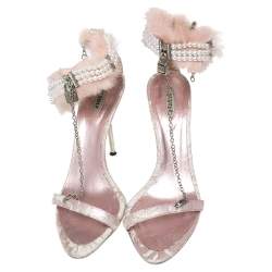 Le Silla Pink Lace and Pearl Chain Embellished Fur T-Strap Sandals Size 37