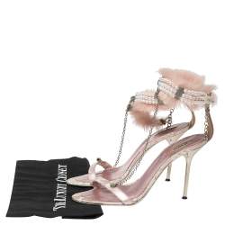 Le Silla Pink Lace and Pearl Chain Embellished Fur T-Strap Sandals Size 37