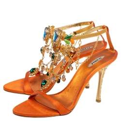 Pre Owned Le Silla Orange Satin Crystal Embellished Ankle Strap Sandals Size 36.5