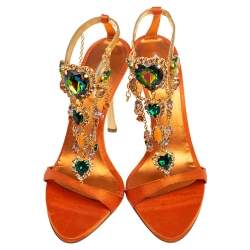 Pre Owned Le Silla Orange Satin Crystal Embellished Ankle Strap Sandals Size 36.5