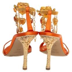 Pre Owned Le Silla Orange Satin Crystal Embellished Ankle Strap Sandals Size 36.5