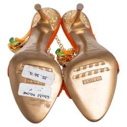 Pre Owned Le Silla Orange Satin Crystal Embellished Ankle Strap Sandals Size 36.5