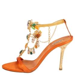 Pre Owned Le Silla Orange Satin Crystal Embellished Ankle Strap Sandals Size 36.5