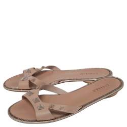 Pre Owned Le Silla Beige Leather Studded Flat Slide Sandals Size 40