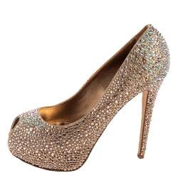 Pre Owned Le Silla Gold Crystal Embellished Satin Peep-Toe Platform Pumps Size 38