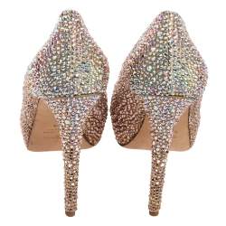 Pre Owned Le Silla Gold Crystal Embellished Satin Peep-Toe Platform Pumps Size 38
