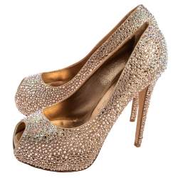 Pre Owned Le Silla Gold Crystal Embellished Satin Peep-Toe Platform Pumps Size 38