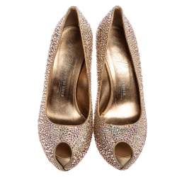 Pre Owned Le Silla Gold Crystal Embellished Satin Peep-Toe Platform Pumps Size 38