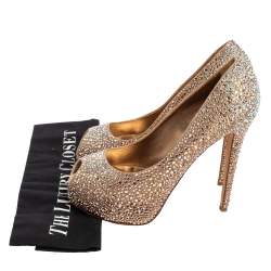 Pre Owned Le Silla Gold Crystal Embellished Satin Peep-Toe Platform Pumps Size 38