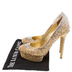 Pre Owned Le Silla Gold Crystal Embellished Satin Platform Pumps Size 38